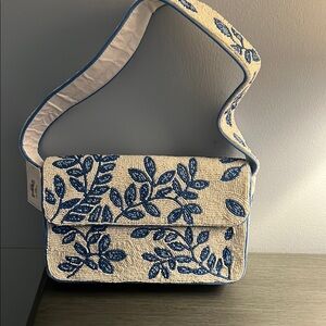 Blue and Cream Floral Beaded Shoulder Bag